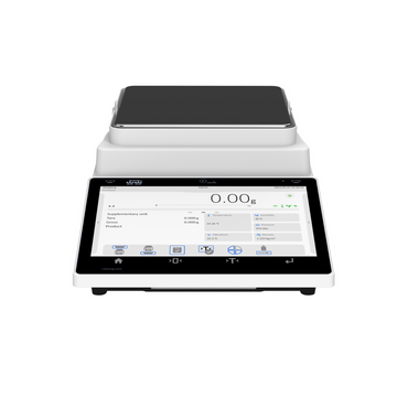 Radwag PS 5Y precision balance with a color touchscreen display showing a weight reading screen, placed on a white background.