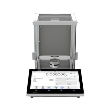 A Radwag XA 5Y.M Microbalance with an open lid, displaying a digital screen with a reading of 0.