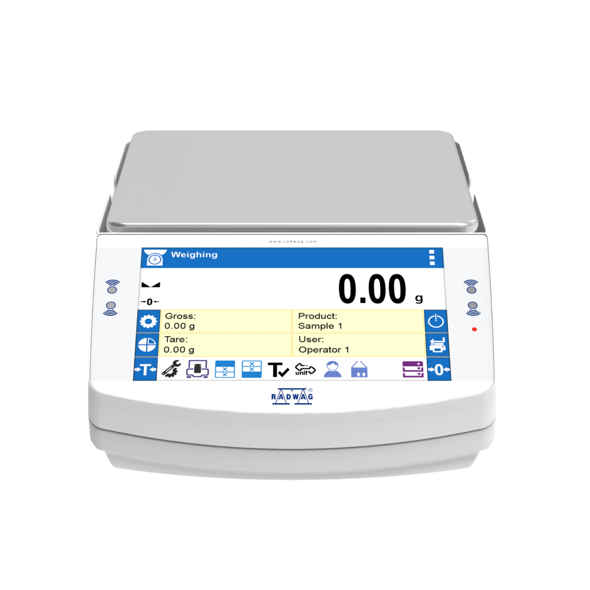 A Radwag PS X7.M precision balance with a 7-inch touchscreen display, showing a white interface with blue icons and text.
