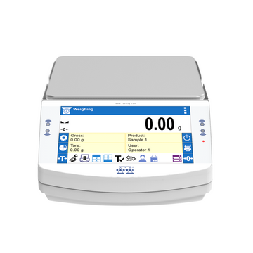 A Radwag PS X7.M precision balance with a 7-inch touchscreen display, showing a white interface with blue icons and text.