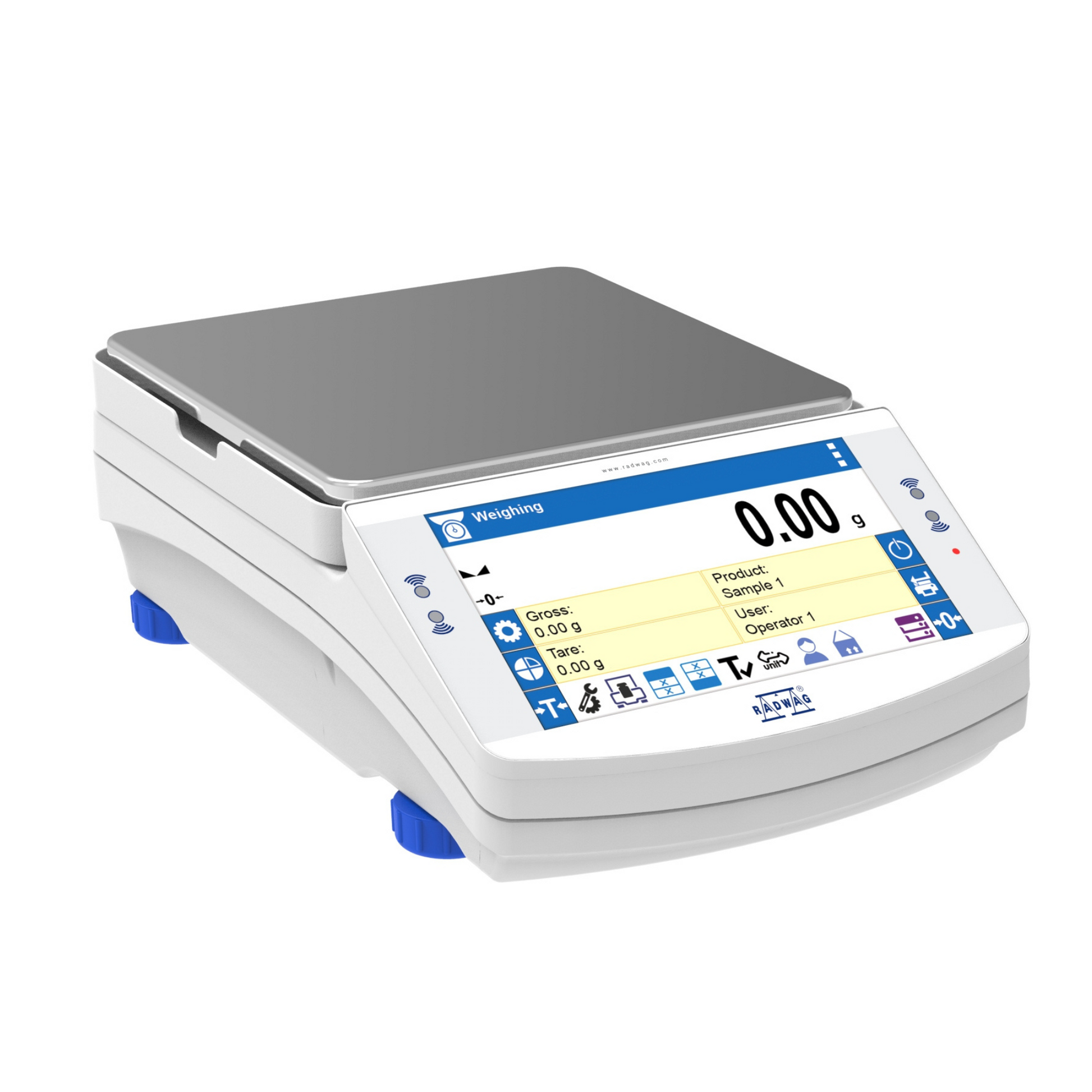 A Radwag PS X7.M precision balance with a 7-inch touchscreen display, showing a white interface with blue icons and text.