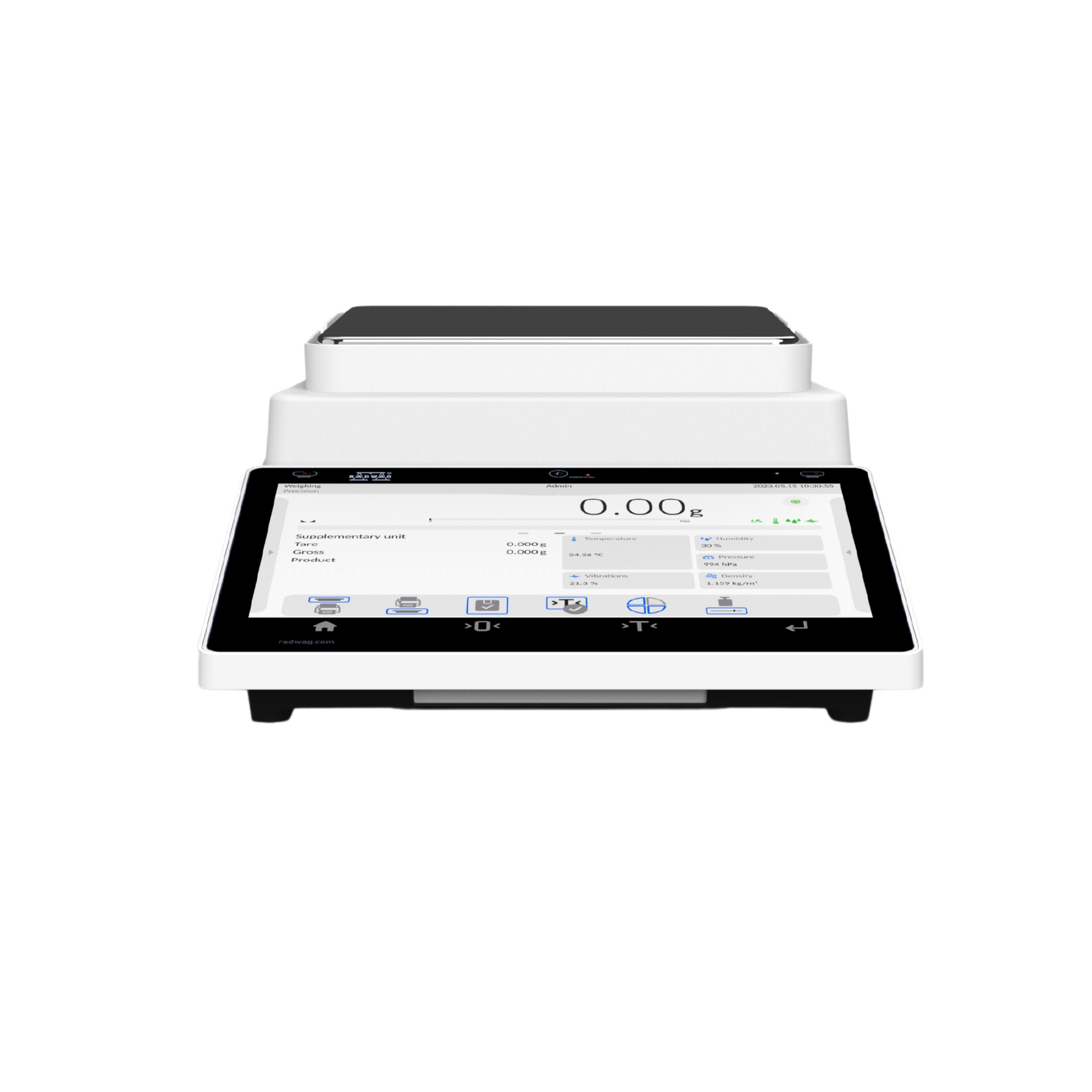 Radwag PS 5Y precision balance with a color touchscreen display showing a weight reading screen, placed on a white background.