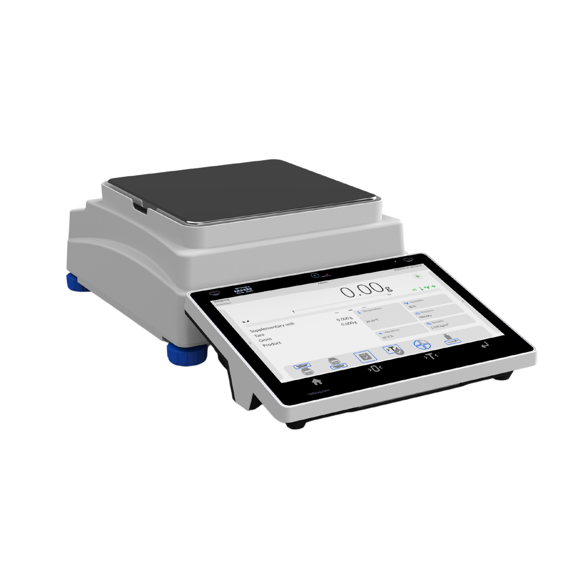 Radwag PS 5Y precision balance with a color touchscreen display showing a weight reading screen, placed on a white background.