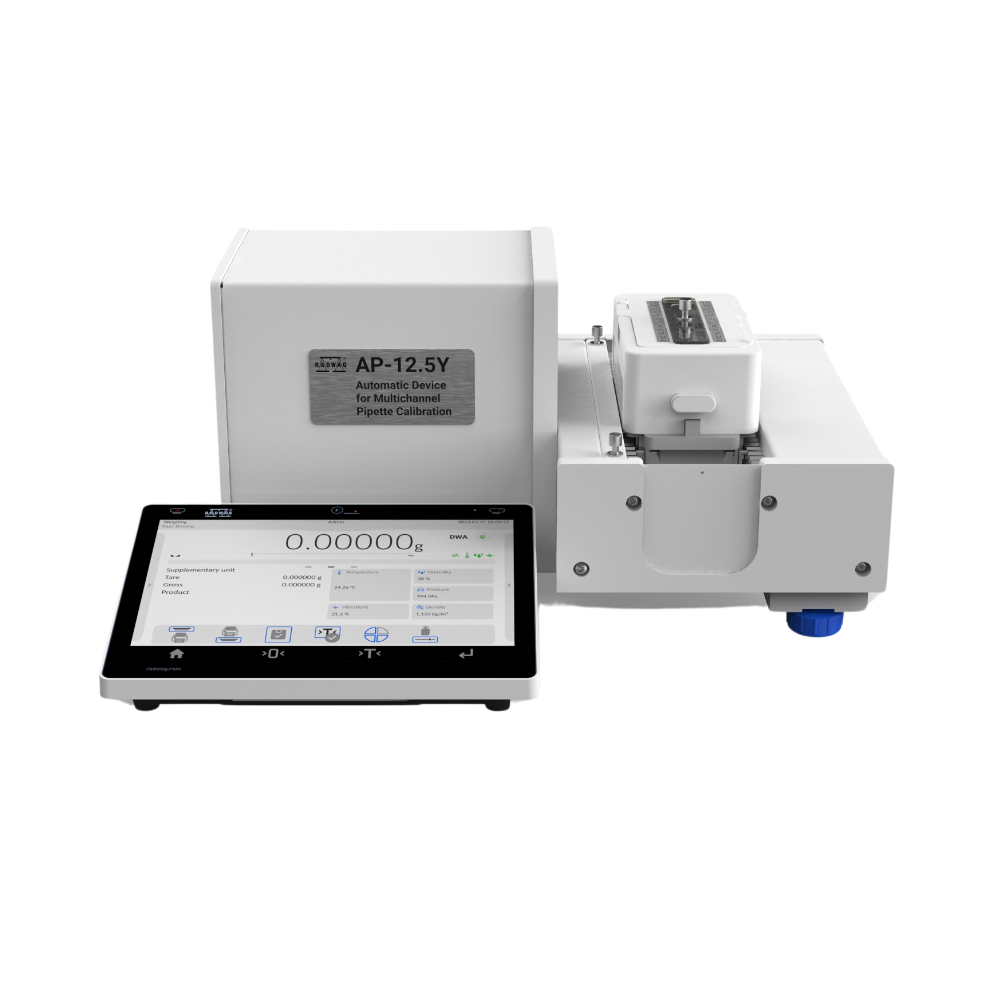 AP 12.5Y Pipette System Advanced automatic multichannel pipette calibration device with a digital screen and a white body, placed on a grey surface.