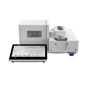 AP 12.5Y Pipette System Advanced automatic multichannel pipette calibration device with a digital screen and a white body, placed on a grey surface.