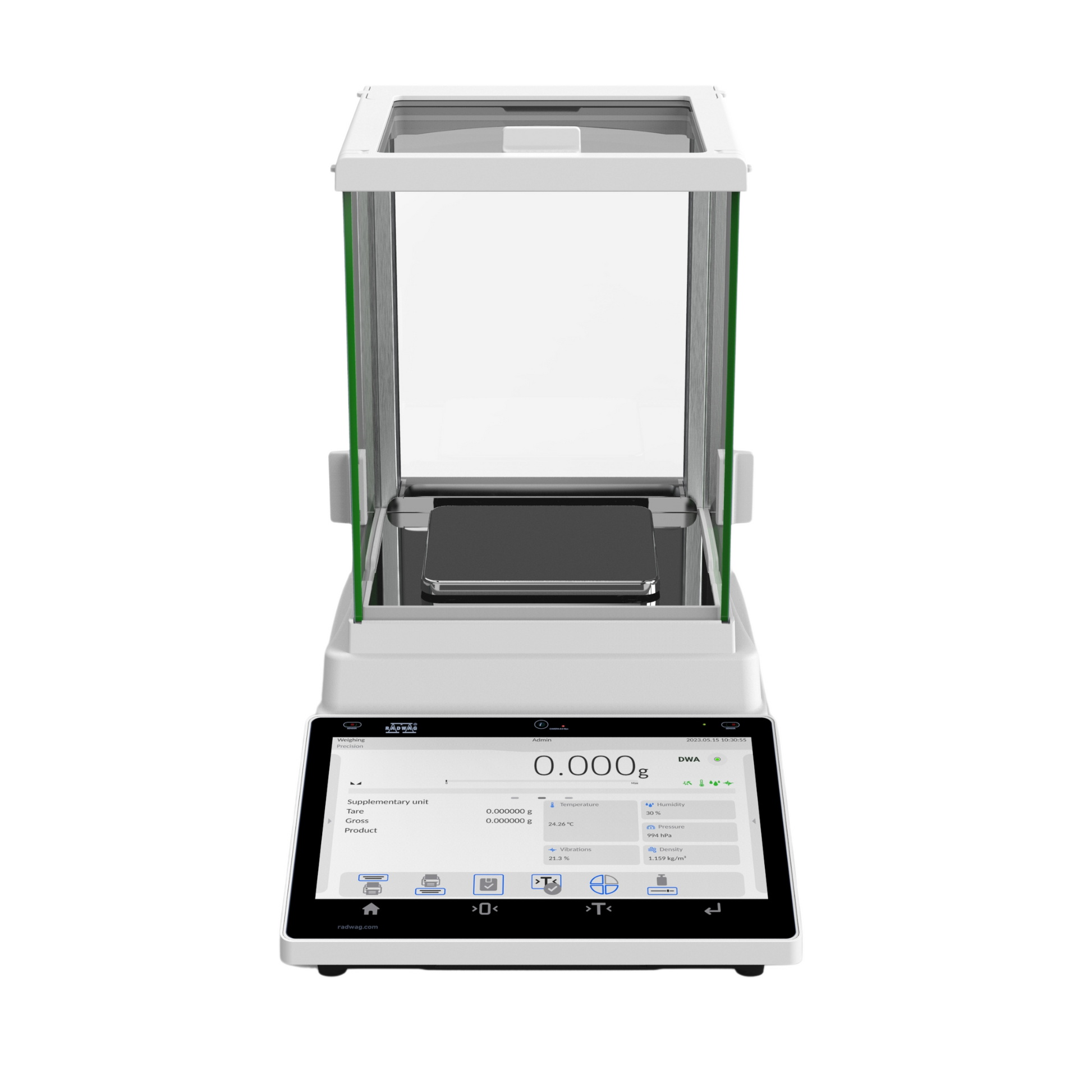 Radwag PS 5Y Precision Balance with a color touchscreen display, white weighing platform, and green accents.