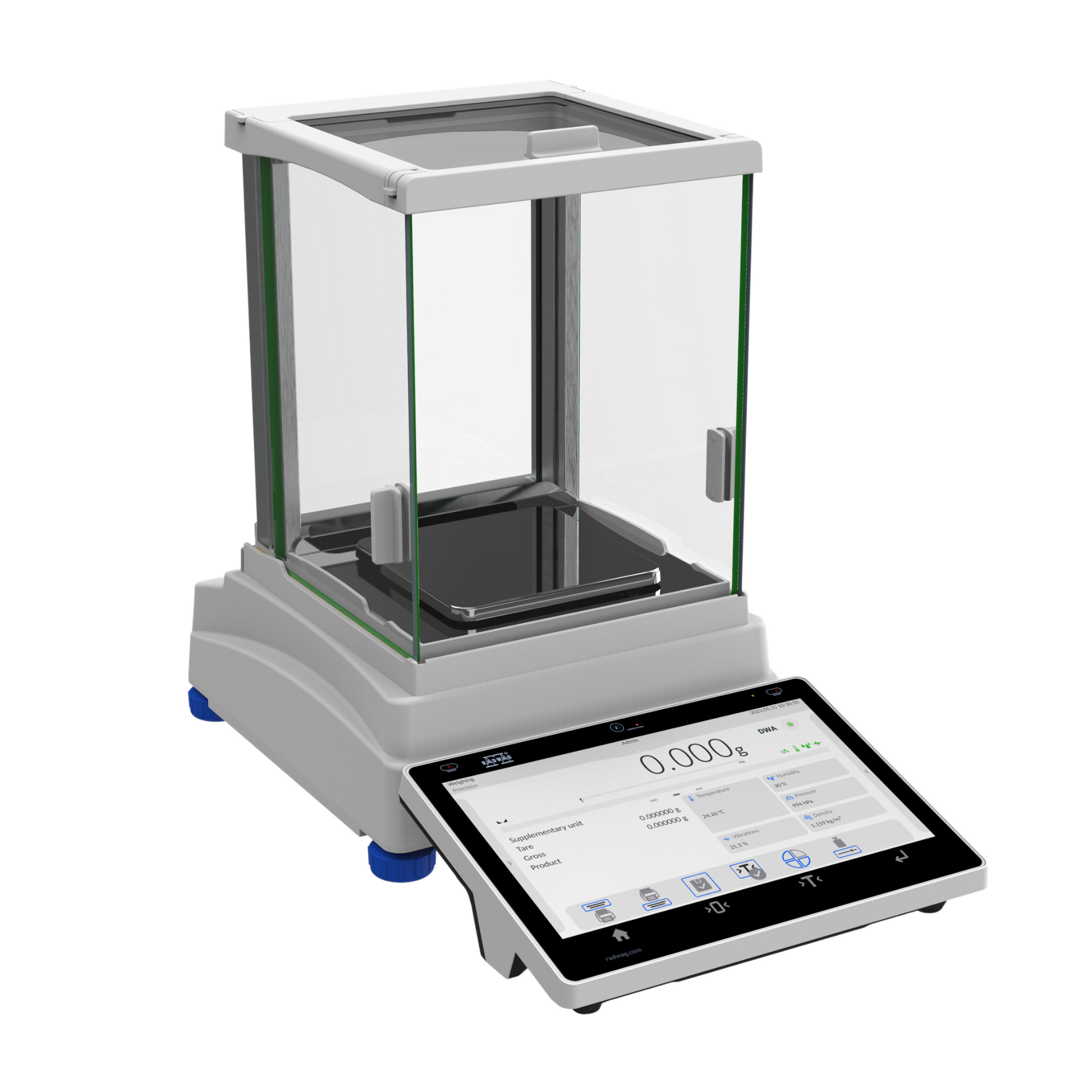 Radwag PS 5Y Precision Balance with a color touchscreen display, white weighing platform, and green accents.