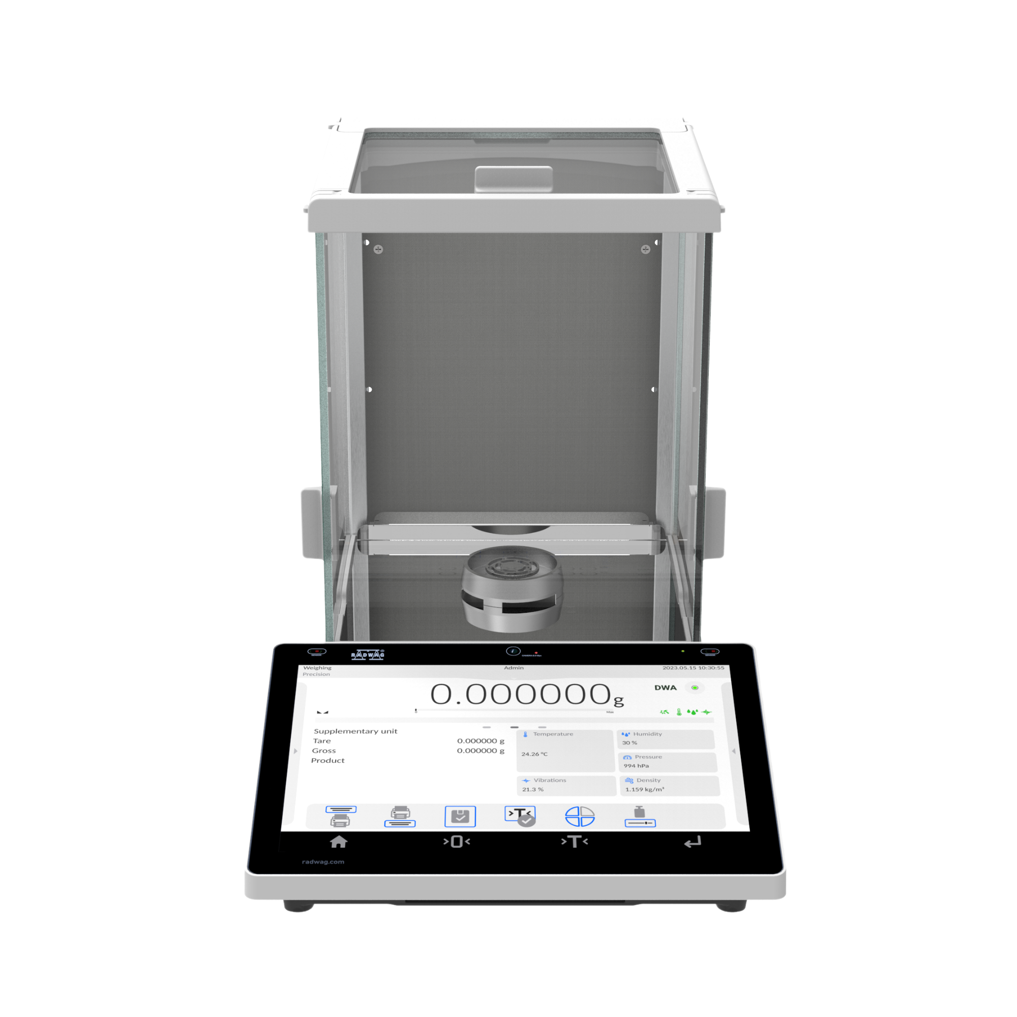 A Radwag XA 5Y.M Microbalance with an open lid, displaying a digital screen with a reading of 0.