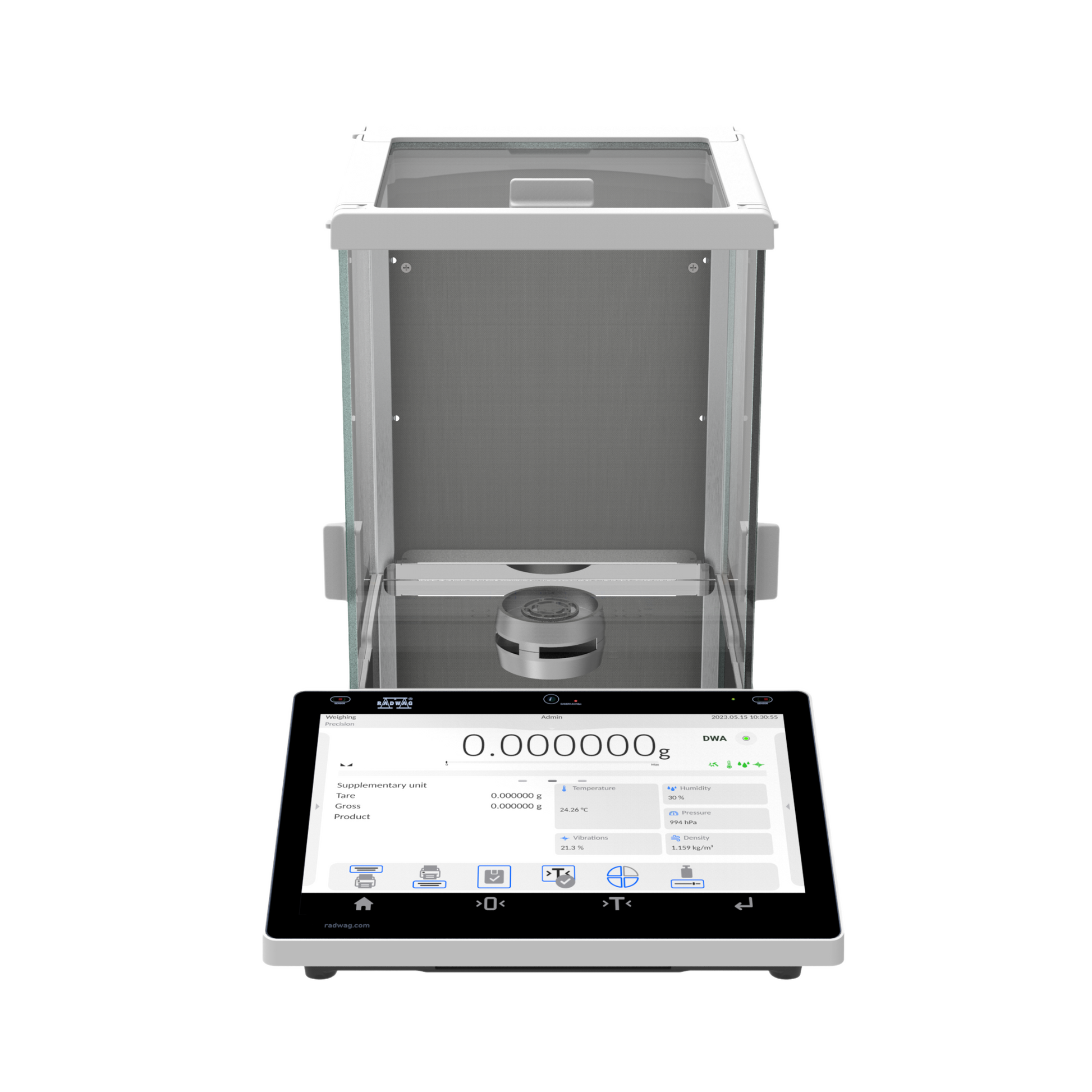A Radwag XA 5Y.M Microbalance with an open lid, displaying a digital screen with a reading of 0.